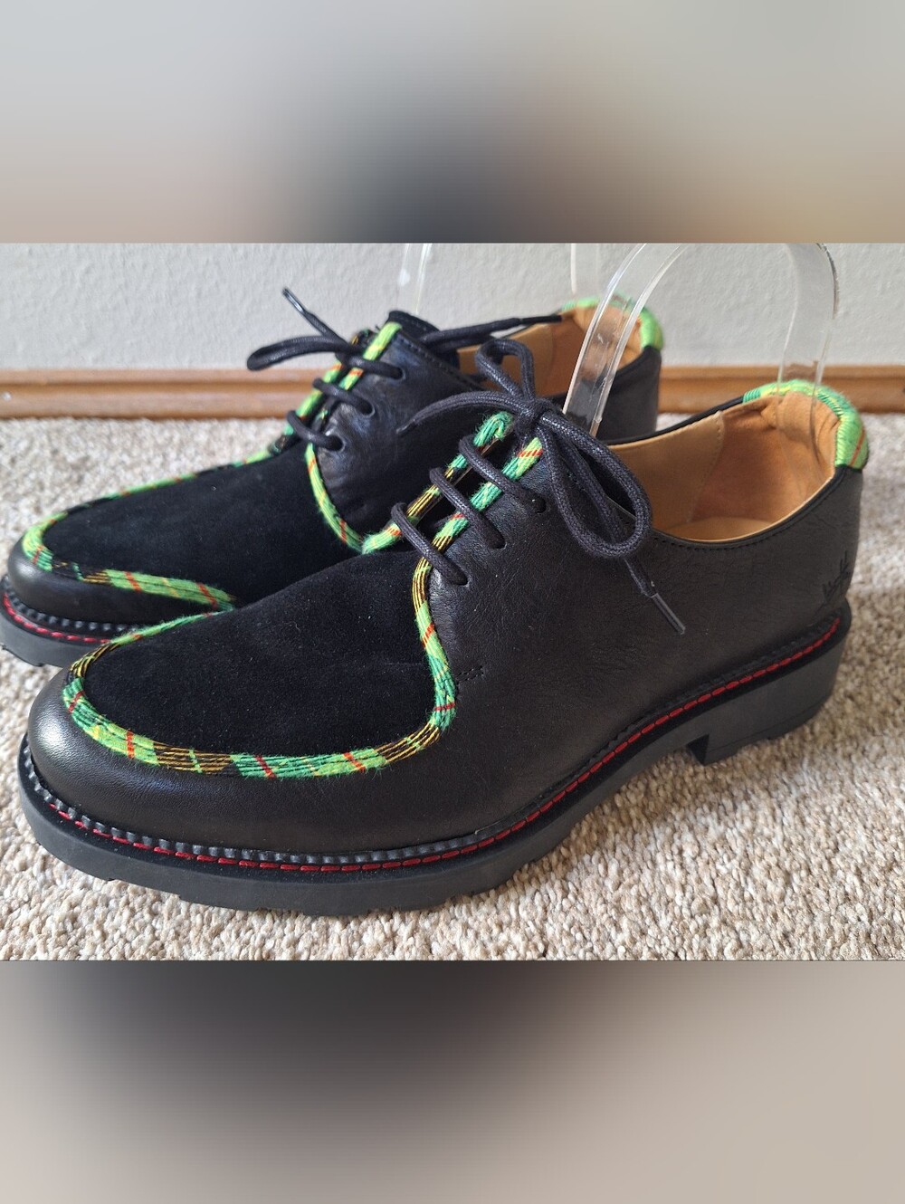 JOHN FLUEVOG Angel Maevey Black Leather Suede Green Piping Lace Up M 7.5 W 9.5